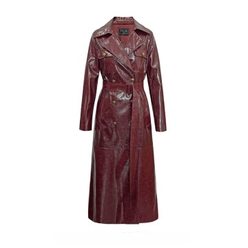 DYON D25-9082 Faux-Leather Trench: Wine-Red Drama in Fluid Rayon